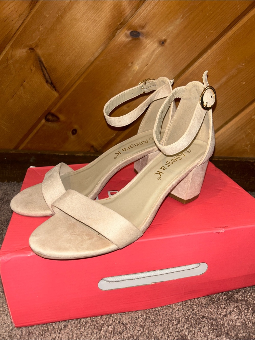 Allegra K Faux Suede High Chunky Heel Buckle Ankle Strap Sandals in beige